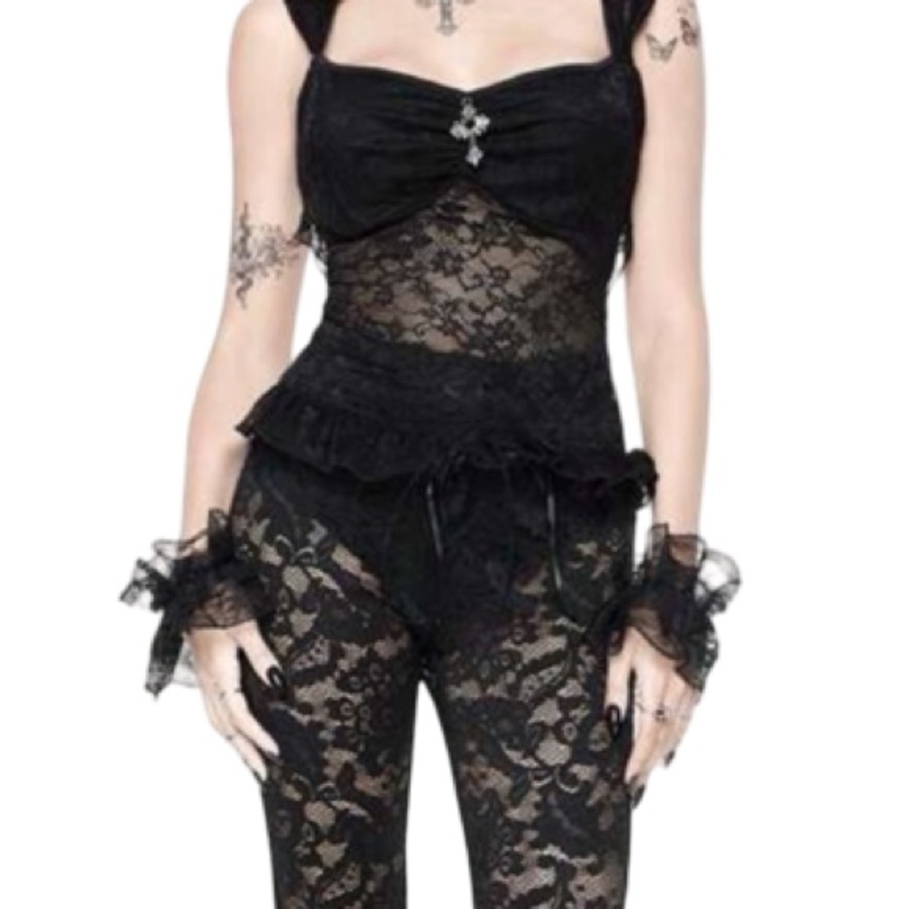 Goth Lace Sheer Cross Pendant Backless Crop Top